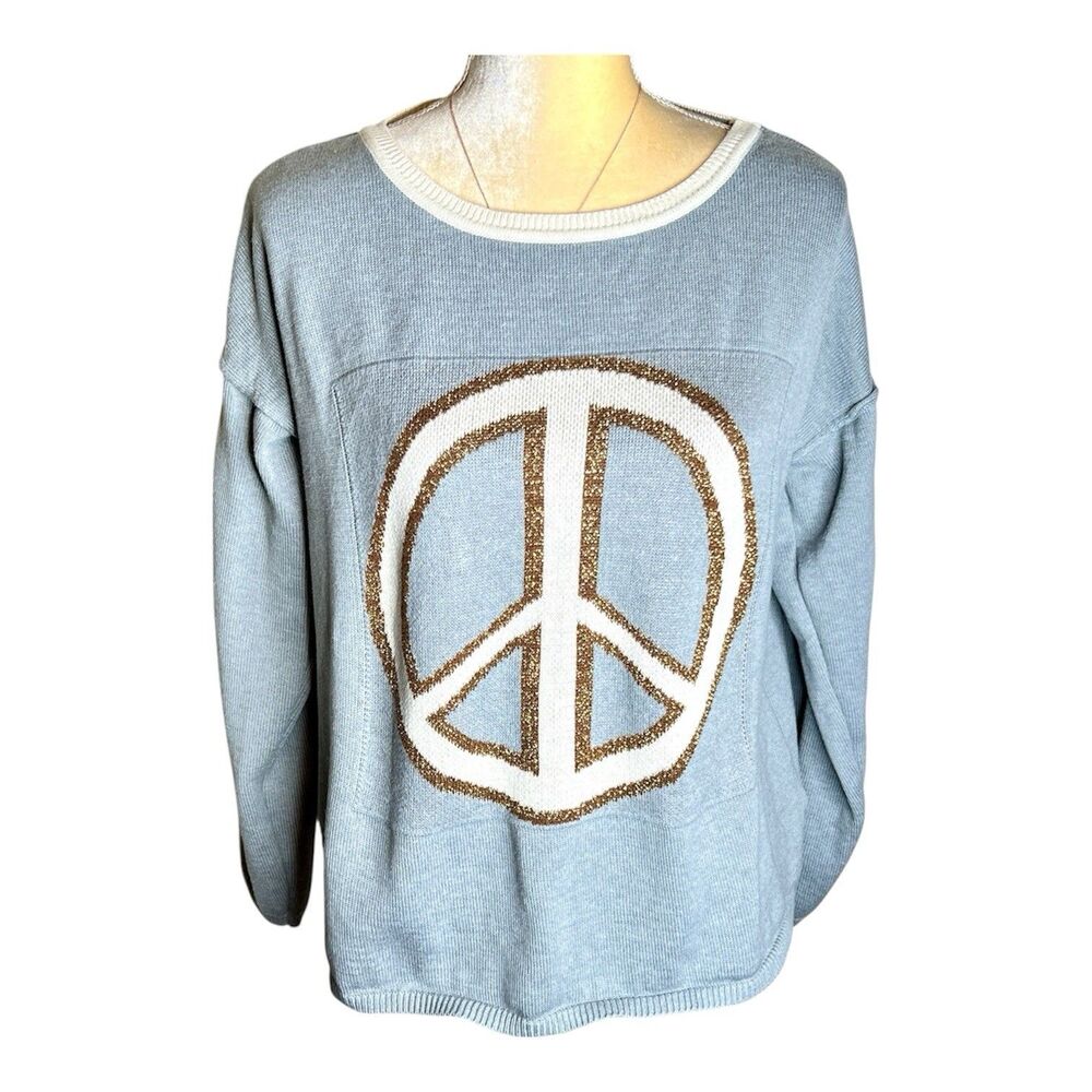 Venus Knit Top Size EUR 42/44 US 10/12 Bling Peace Sign Long Sleeves Crewneck